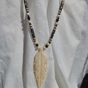 Handmade Carved Feather Necklace in Brown and Cream